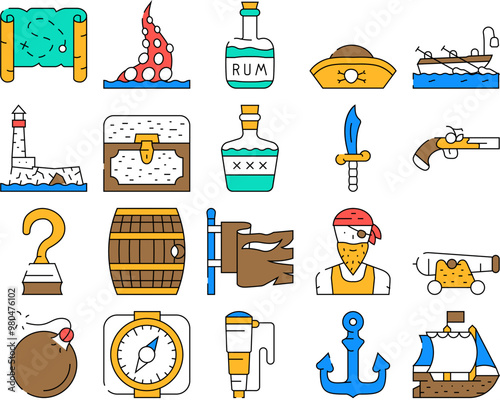 Pirate Sea Robber Collection Icons Set Vector. Pirate Ship Floating In Ocean And Flag, Hat And Compass, Weapon And Saber, Treasure Chest And Drink Barrel color Contour Illustrations
