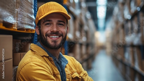 Wallpaper Mural Happy Warehouse Worker in Yellow Jacket Leaning Against Boxes Torontodigital.ca