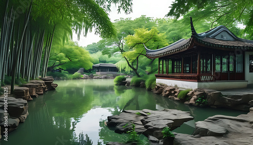 The summer scenery of Tiger Hill Bamboo Forest, the beauty of green jungle in Suzhou Garden. photo