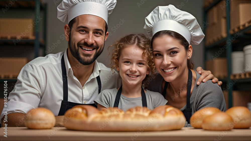 A cheerful family of bakers, including a child, proudly posing with their freshly baked bread in a cozy kitchen. This delightful image is perfect for food blogs, family recipes, and bakery promotions A cheerful family of bakers, including a child, proudly posing with their freshly baked bread in a cozy kitchen. This delightful image is perfect for food blogs, family recipes, and bakery promotions