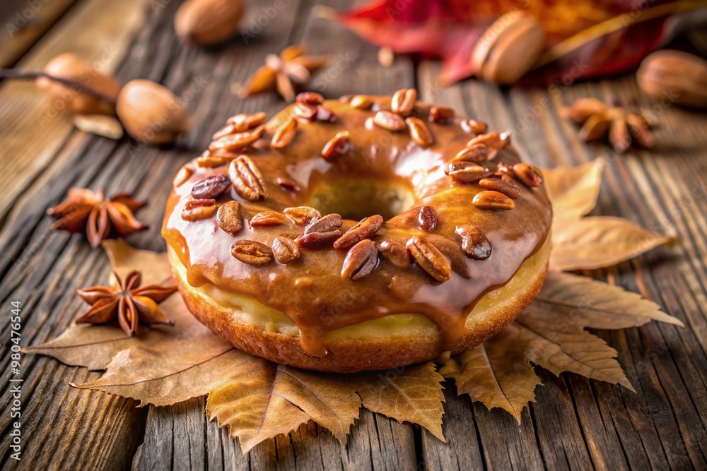 Sweet and crispy maple-glazed donut adorned with crunchy pecans on a rustic wooden background, enticingly lit to highlight its autumnal flavors and textures.