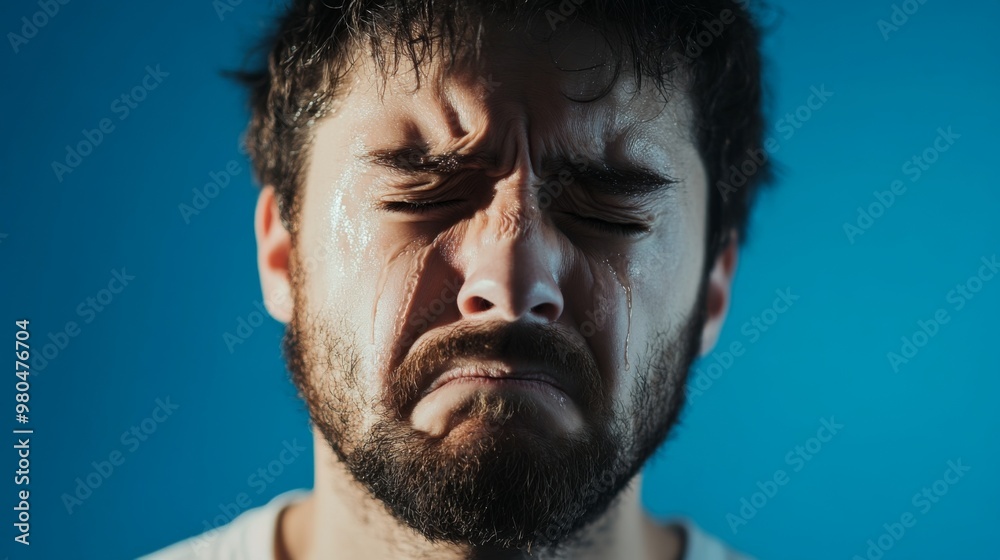 Fototapeta premium Sad man crying with tears in eye on blue background. Teardrop on face. Drama, depression concept