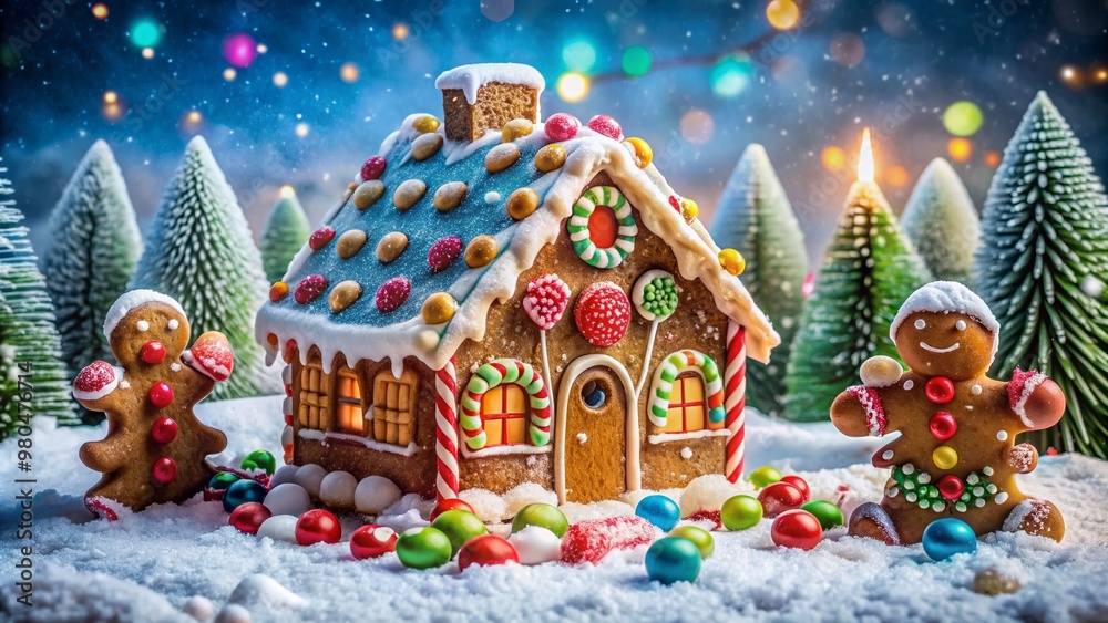 Fototapeta premium Delightful festive scene featuring a intricately decorated gingerbread house adorned with icing, candies, and gumdrops amidst a snowy winter wonderland background.