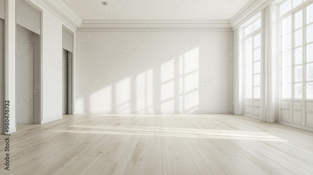 Fototapeta premium Interior empty room 3D rendering, Empty minimalist living room with large window.