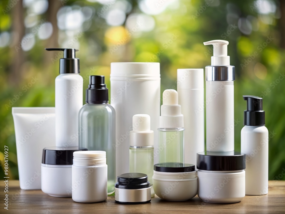 Assortment of empty, unbranded, white cosmetic bottles and small containers with black cups, isolated on a natural background, perfect for mockup and branding purposes. Assortment of empty, unbranded, white cosmetic bottles and small containers with black cups, isolated on a natural background, perfect for mockup and branding purposes.