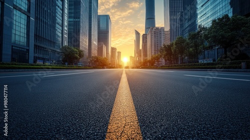 an empty asphalt road in a modern city during early morning hours with tall skyscrapers lining the sides