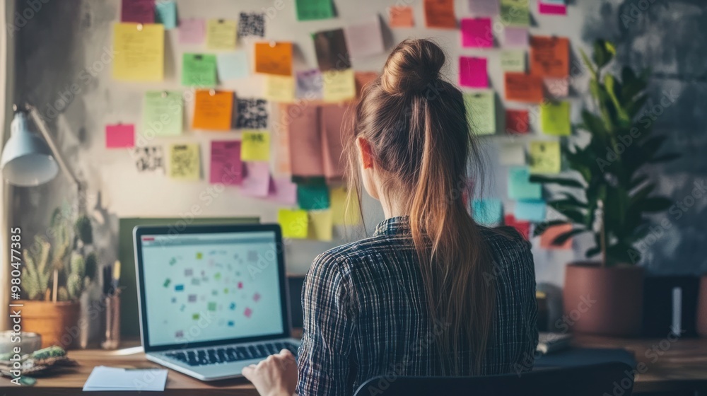 A woman brainstorming ideas with sticky notes on a wall in a bright, minimalist office, her workspace filled with creative inspiration and a laptop open on the desk A woman brainstorming ideas with sticky notes on a wall in a bright, minimalist office, her workspace filled with creative inspiration and a laptop open on the desk