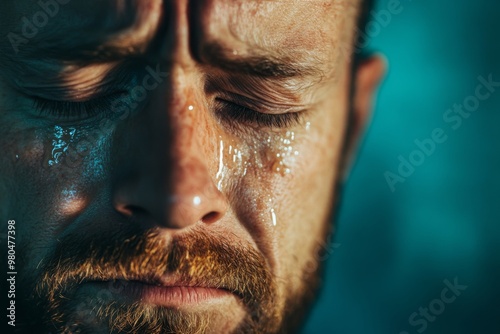 Sad man crying with tears in eye on blue background. Teardrop on face. Drama, depression concept photo