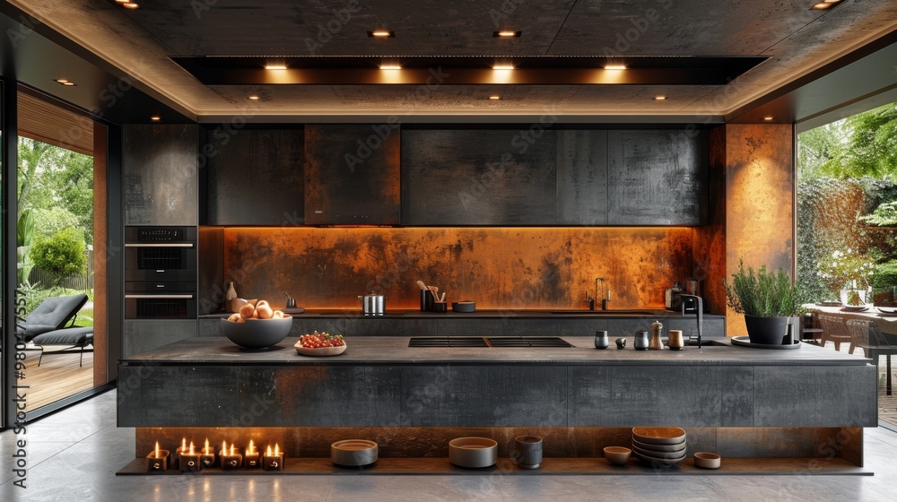 Create a minimalist modern kitchen with sleek handle-less cabinets, a mirrored backsplash, and recessed LED lighting for a sleek and Create a minimalist modern kitchen with sleek handle-less cabinets, a mirrored backsplash, and recessed LED lighting for a sleek and