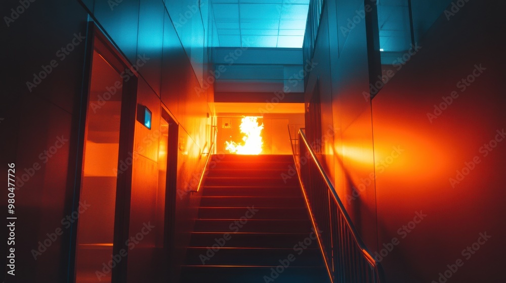 Brightly lit hallway with modern fire escape door, reflecting minimalistic architectural design in blue and orange hues