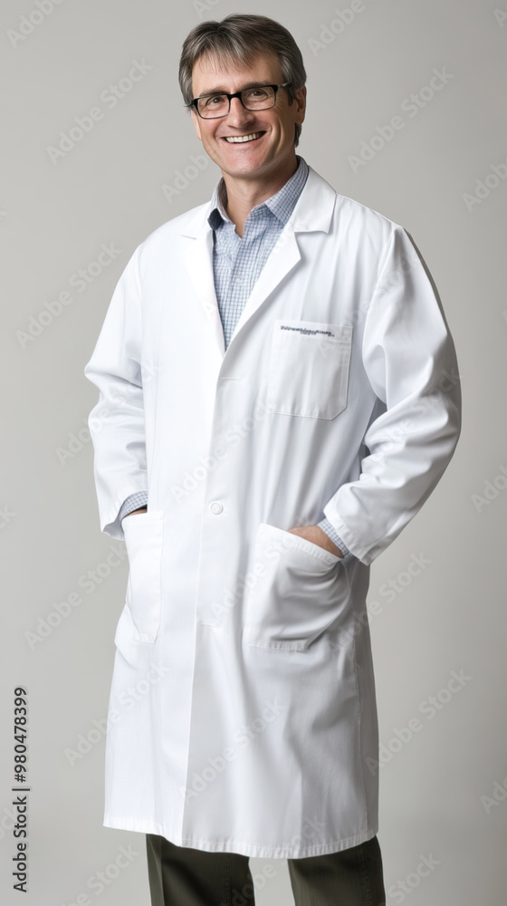 A kind and smiling scientist professor wearing glasses and a white lab coat, captured in a full-length portrait photo A kind and smiling scientist professor wearing glasses and a white lab coat, captured in a full-length portrait photo