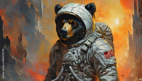 Dreamlike bear astronaut exploring a cosmic wonderland photo