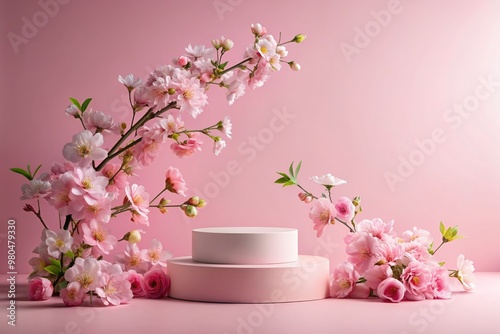 Product podium with spring flowers in pink pastel colors for product presentation. Mockup for branding, packaging