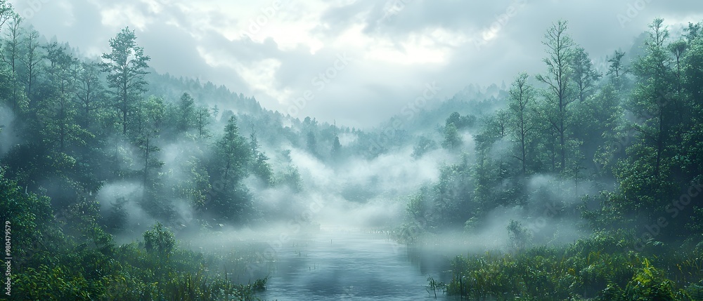 Panoramic view of a misty wet forest under overcast skies, with a soft texture throughout the foliage. The 3D realism captures the refreshing ambiance Panoramic view of a misty wet forest under overcast skies, with a soft texture throughout the foliage. The 3D realism captures the refreshing ambiance