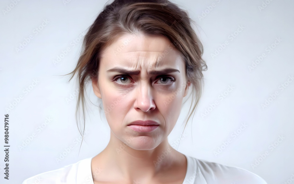 Young woman in upset emotion. State of being unhappy, disappointed or worried when something unpleasant has happened. Young woman in upset emotion. State of being unhappy, disappointed or worried when something unpleasant has happened.