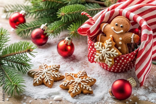 Freshly baked gingerbread cookies in a red and white striped paper bag sit amidst festive holiday decorations, ornaments, and evergreen branches on a snowy white tablecloth.