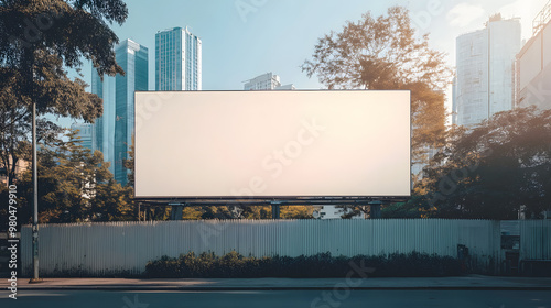 White large horizontal billboard mock up on fence wall with urban modern city background