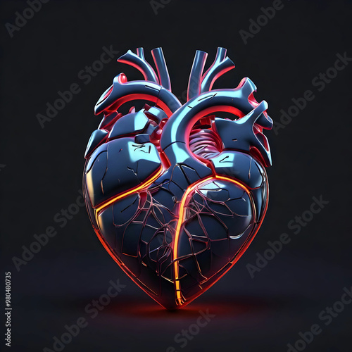 Glowing lines at human heart 3D shape on dark background generative ai photo