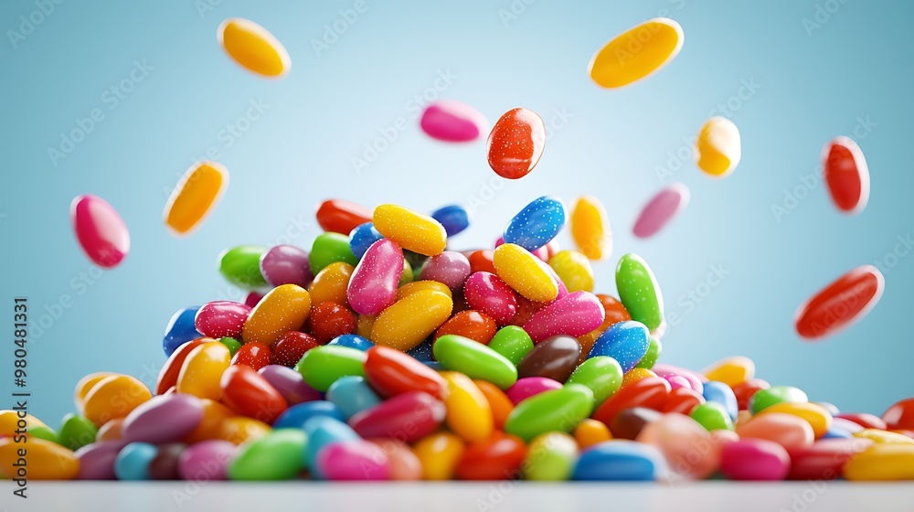 A cascade of colorful candies falls into a playful pile of sweetness. A cascade of colorful candies falls into a playful pile of sweetness.