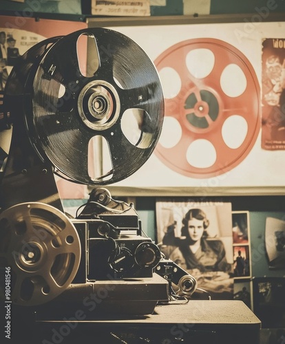 Vintage Movie Marathon Night with Retro Film Projector and Reels