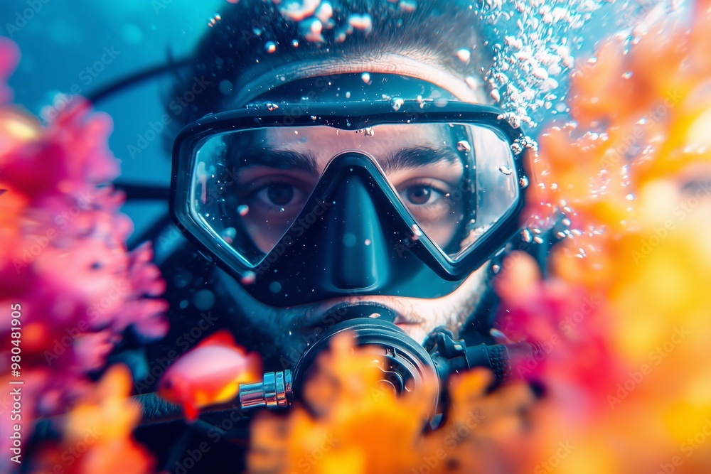 scuba diver in close-up, with vibrant coral reefs and tropical fish in the background, bubbles rising from the diver's mask as they explore underwater scuba diver in close-up, with vibrant coral reefs and tropical fish in the background, bubbles rising from the diver's mask as they explore underwater