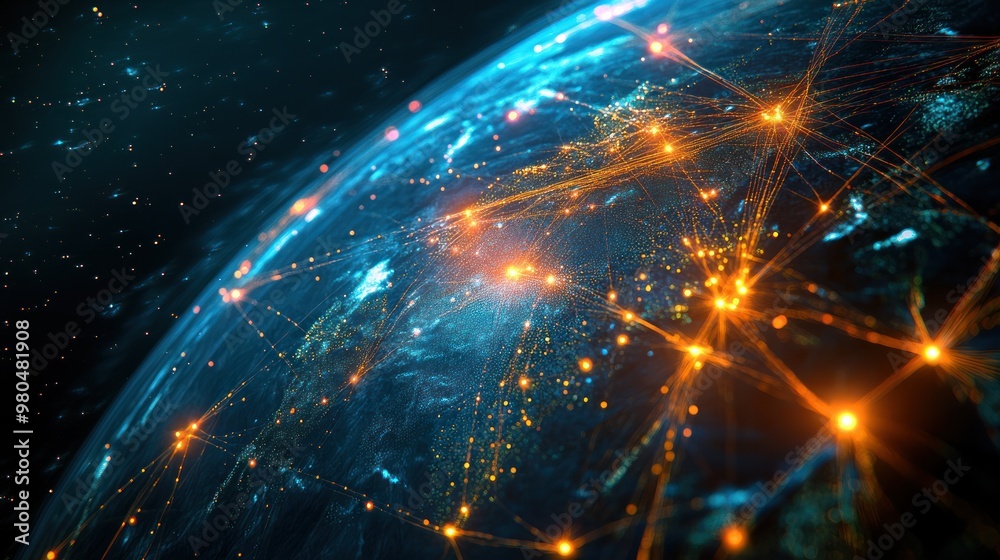 Obraz premium Abstract representation of a global network with glowing lines and dots connecting different regions around the world, symbolizing connectivity and communication across borders