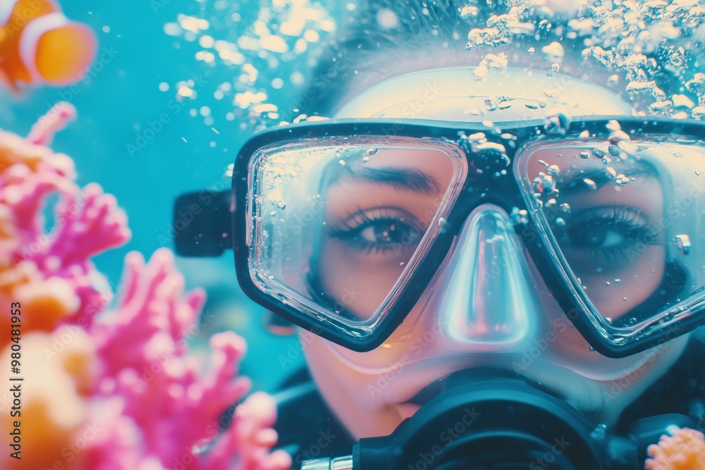 scuba diver in close-up, with vibrant coral reefs and tropical fish in the background, bubbles rising from the diver's mask as they explore underwater scuba diver in close-up, with vibrant coral reefs and tropical fish in the background, bubbles rising from the diver's mask as they explore underwater