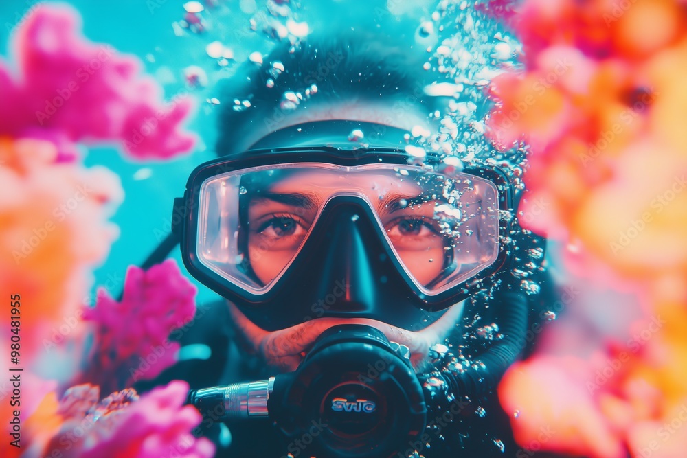 scuba diver in close-up, with vibrant coral reefs and tropical fish in the background, bubbles rising from the diver's mask as they explore underwater scuba diver in close-up, with vibrant coral reefs and tropical fish in the background, bubbles rising from the diver's mask as they explore underwater