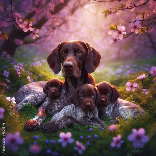 Mother dog with her two puppies in a blossoming field, surrounded by flowers under soft sunlight in spring photo