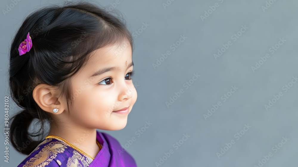 Korean little girl wearing saree indian traditional cloth smile isolated Korean little girl wearing saree indian traditional cloth smile isolated