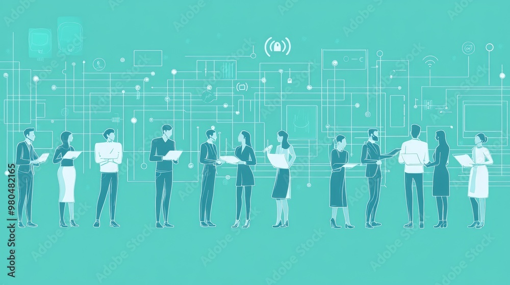 Naklejka premium Business People Networking and Collaborating in a Digital Environment with Technology Icons and Connections