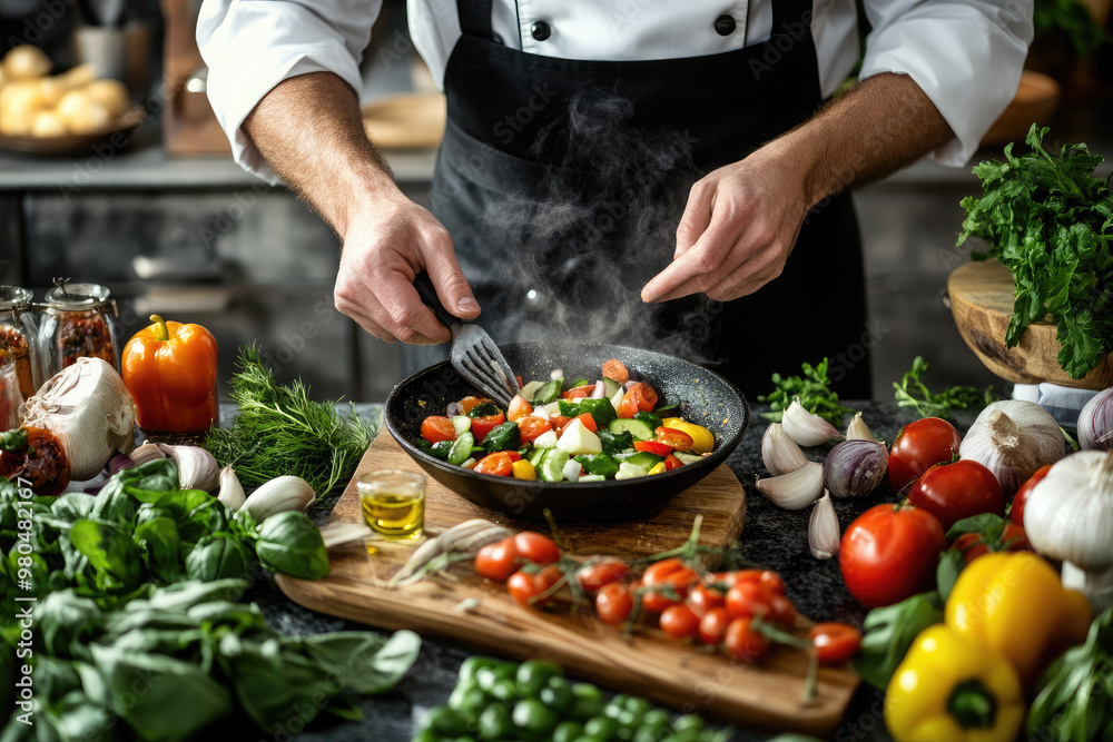 In the restaurant, a professional male chef prepares a signature salad, adds ingredients, special sauce, cheese, traditional recipe.