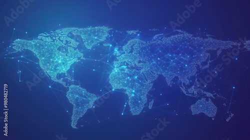 Abstract world map with dotted lines connecting major cities across continents on a vibrant blue gradient background representing global communication