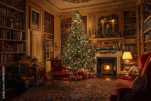 Classic British living room with beautifully decorated Christmas tree and cozy fireplace on Christmas Eve, wrapped presents under the tree, and festive garlands creating a warm holiday atmosphere.