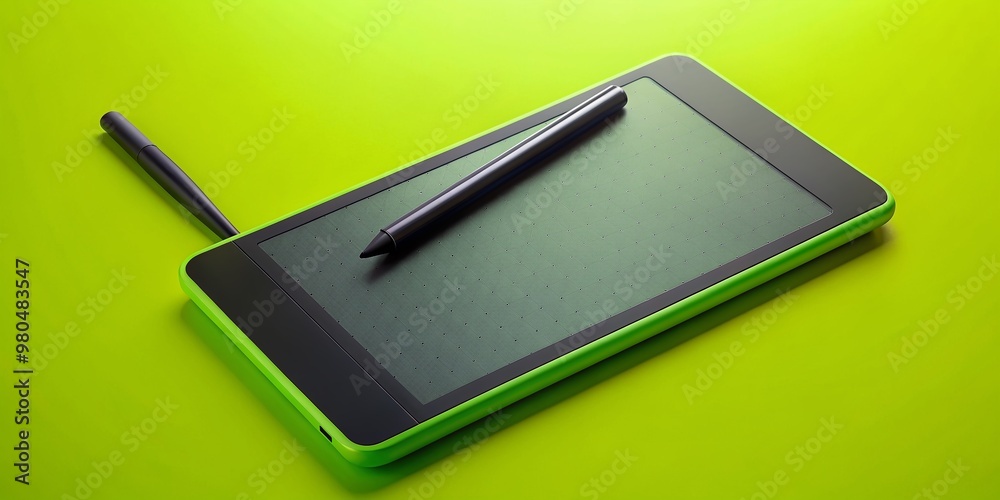 A sleek digital drawing tablet lies on a vibrant lime green background, its stylus pen resting beside it, awaiting creative strokes and artistic expression. A sleek digital drawing tablet lies on a vibrant lime green background, its stylus pen resting beside it, awaiting creative strokes and artistic expression.