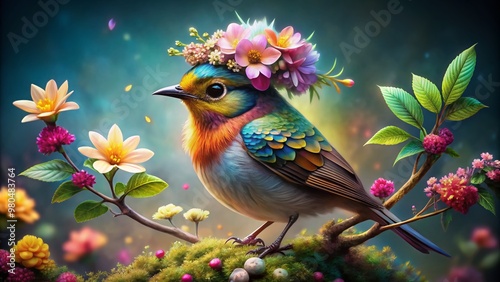 Vibrant bird adorned with delicate flower petals and foliage, perched on a stem, showcasing a whimsical, surreal, and artistic bird flower hat design.