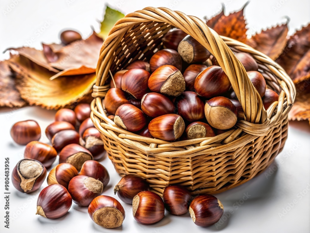 Warmly lit roasted chestnuts spill out of a rustic wicker basket on a clean white background, evoking cozy autumnal feelings and harvest season simplicity. Warmly lit roasted chestnuts spill out of a rustic wicker basket on a clean white background, evoking cozy autumnal feelings and harvest season simplicity.
