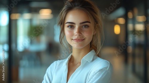 Confident Young Businesswoman Smiling in Modern Office