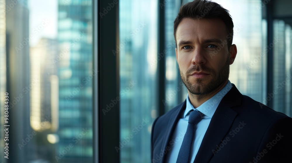 Business leader standing confidently in a modern office, making direct eye contact with the camera, with a background of glass windows and cityscape in daylight Business leader standing confidently in a modern office, making direct eye contact with the camera, with a background of glass windows and cityscape in daylight