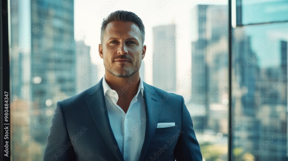 Business leader standing confidently in a modern office, making direct eye contact with the camera, with a background of glass windows and cityscape in daylight Business leader standing confidently in a modern office, making direct eye contact with the camera, with a background of glass windows and cityscape in daylight