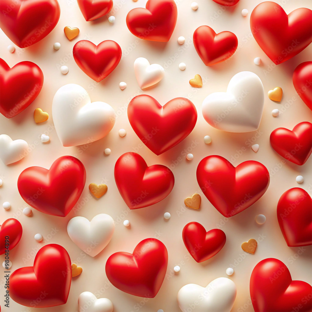 Red and gold heart pattern with a festive and romantic design on a soft background 부드러운 배경 위에 축제 분위기의 빨간색과 금색 하트 패턴