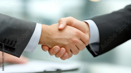 Business partners signing a contract during a meeting with focus on the handshake Close-up photo with clean background