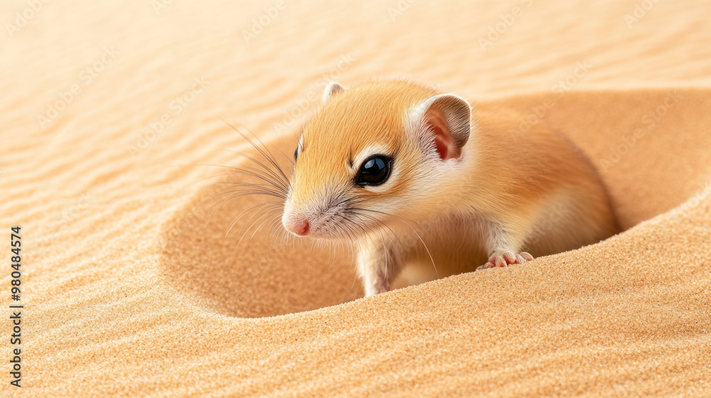 A close-up of a small desert rodent emerging from a hole in the soft sand, with its large dark eyes and delicate whiskers highlighted. A close-up of a small desert rodent emerging from a hole in the soft sand, with its large dark eyes and delicate whiskers highlighted.