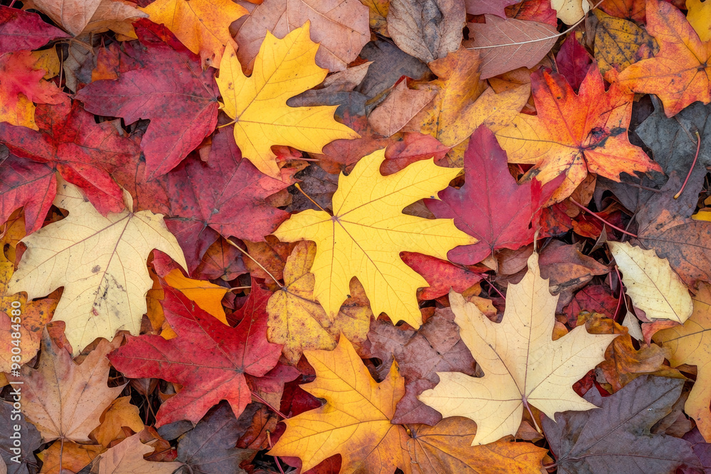 A close-up of vibrant autumn leaves in various shades of red, orange, and yellow, scattered across a forest floor, capturing the essence of fall foliage in a serene woodland setting A close-up of vibrant autumn leaves in various shades of red, orange, and yellow, scattered across a forest floor, capturing the essence of fall foliage in a serene woodland setting