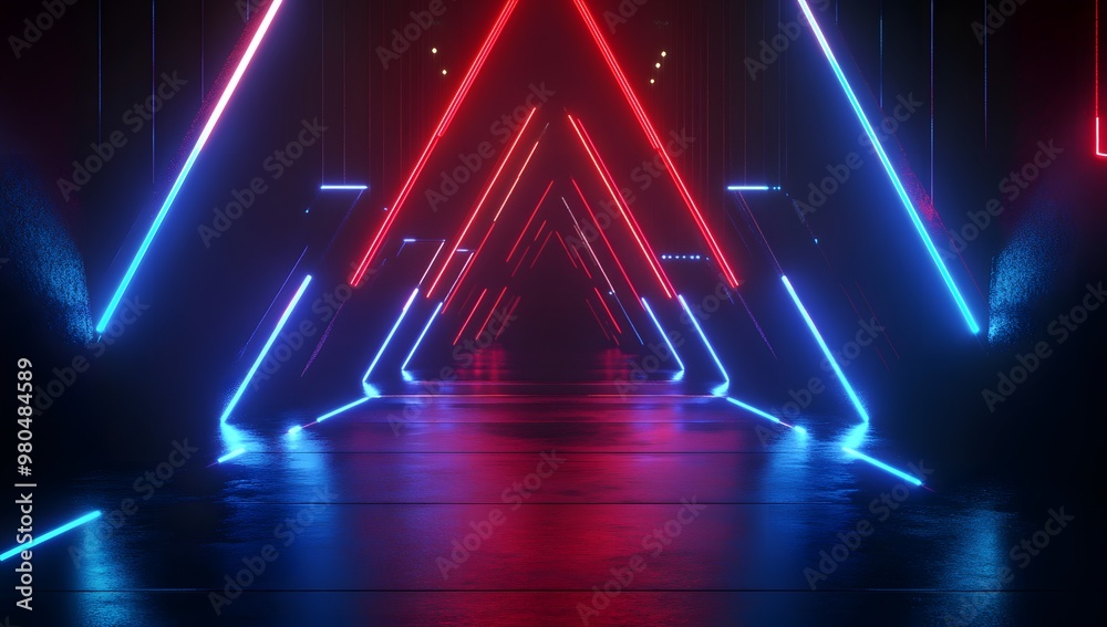 Fototapeta premium 3D render, an abstract futuristic background with neon tunnel
