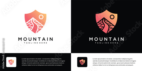 Mountain logo icon design illustration with shield. Abstract outdoor mountain logo symbol.	
