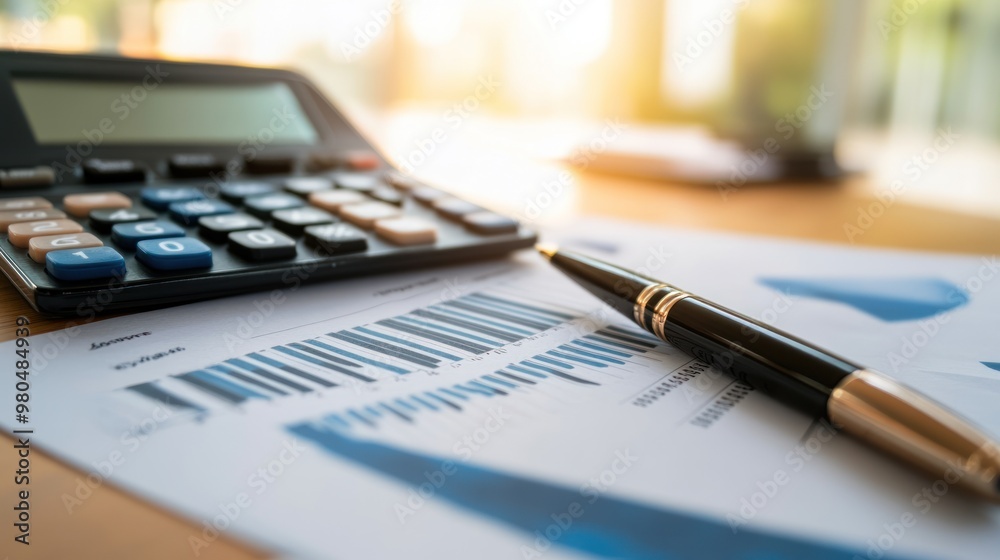 Calculator, pen, and financial documents spread on a desk with graphs showing rising trends Close-up photo with clean background Calculator, pen, and financial documents spread on a desk with graphs showing rising trends Close-up photo with clean background