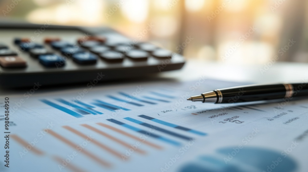 Calculator, pen, and financial documents spread on a desk with graphs showing rising trends Close-up photo with clean background