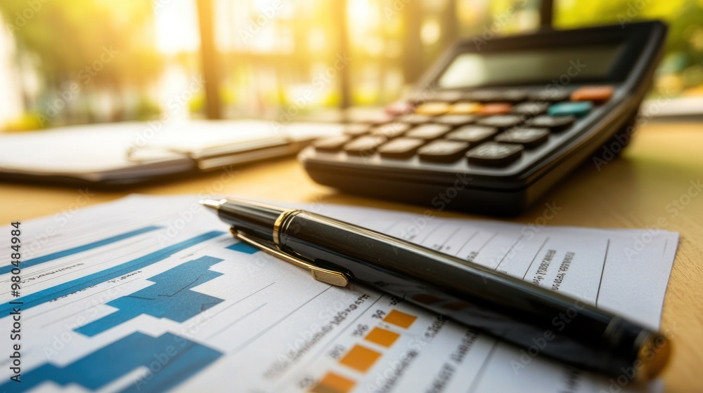 Calculator, pen, and financial documents spread on a desk with graphs showing rising trends Close-up photo with clean background Calculator, pen, and financial documents spread on a desk with graphs showing rising trends Close-up photo with clean background
