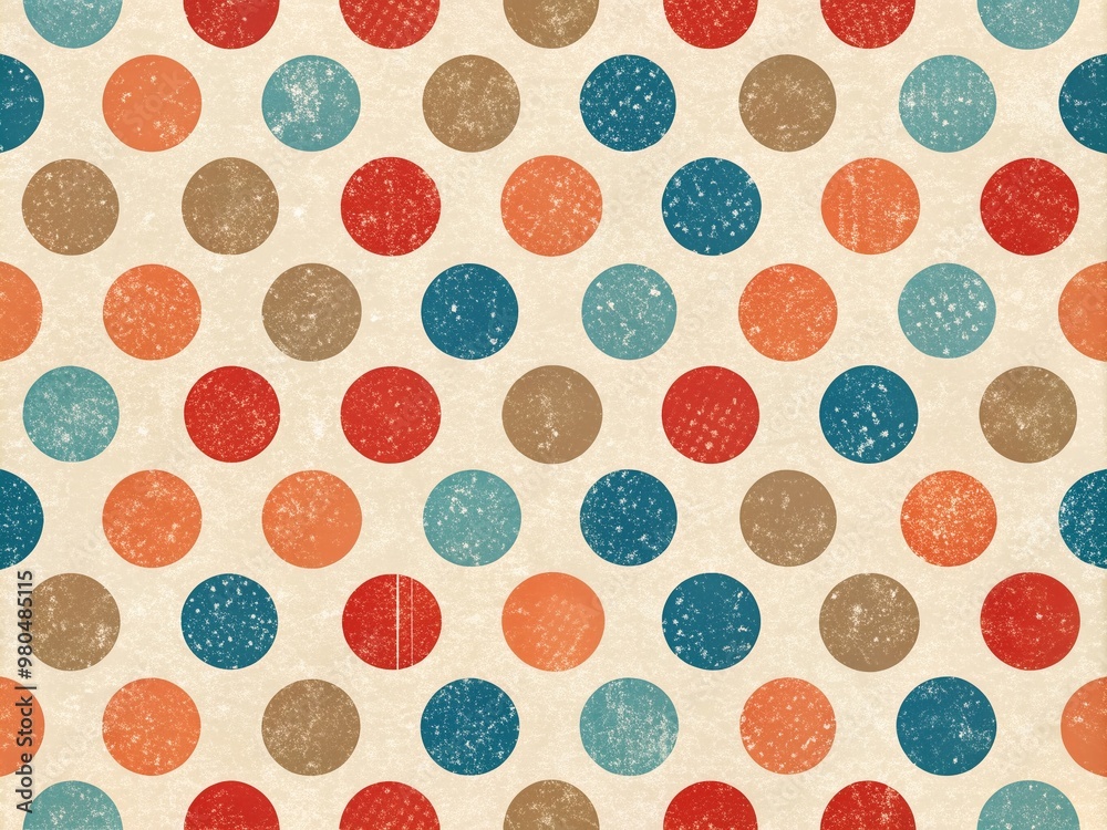 Retro-inspired polka dot pattern features distressed red, blue, and orange circles scattered on a creamy background, evoking a nostalgic and playful vintage atmosphere. Retro-inspired polka dot pattern features distressed red, blue, and orange circles scattered on a creamy background, evoking a nostalgic and playful vintage atmosphere.